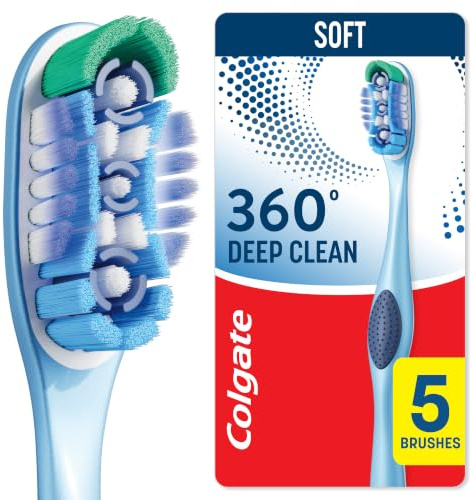 Colgate 360 Whole Mouth Clean Toothbrush, Adult Soft Toothbrushes, 5 Pack