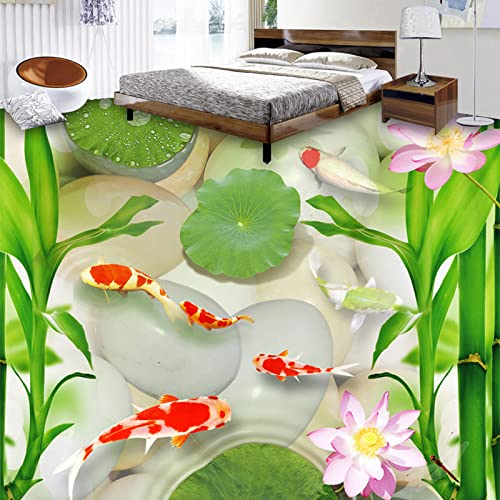 Benutzerdefinierte Fototapete Stil Goldfisch Kiesel Bambus Lotus Frosch 3D Bodenfliesen Wandbild Tapete Wohnzimmer PVC Aufkleber, 430 * 300 cm