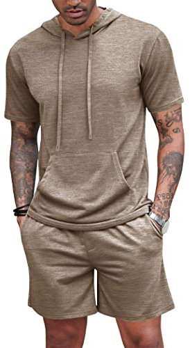 Herren-Trainingsanzug, 2-teilig, mit Kapuze, athletischer Sweatanzug, kurzärmelig, lässig, Sport, Hoodie, Shorts, Set, Pullover, Jogger, braun, L