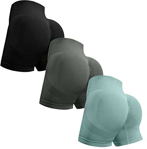 OVESPORT 3-teilige Workout-Shorts für Damen, nahtlos, Scrunch Butt Lifting, hohe Taille, Yoga, Fitnessstudio, Booty, Laufen, kurze Hose
