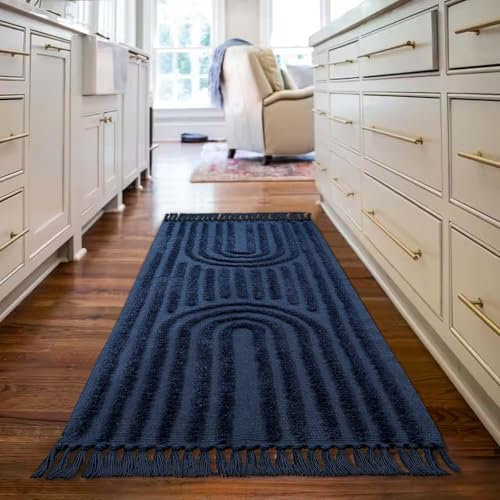 LEEVAN Waschbarer Kücheläufer Teppich, 60x150 cm, handgewebter Badezimmerläufer Teppich mit Quasten, dunkelblauer Eingangsläufer, Läufer, Bauernhaus-Flurteppich für Wäsche/Wohnzimmer