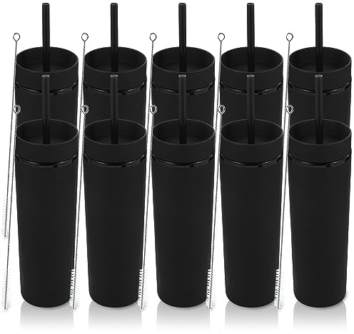 Volhoply 480ml Gobelets Plastique Skinny Avec Couvercle et Paille - Pack de 4, Isolé Double Paroi BPA Free Matte Acrylique, Pour Café Glacé Voyage Party Cup, Cadeaux DIY (Noir, 10 Set)