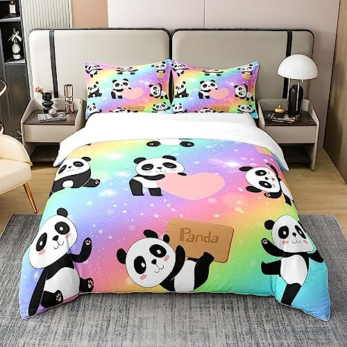 100% Natürliche Baumwolle Nette Panda Bettbezug 155x220 Regenbogen Galaxy Bettwäsche Set für Kinder Kleinkind Glitter Sterne Tröster Abdeckung Cartoon Tier Bettwäsche Schlafzimmer Dekor (Kein Tröster)