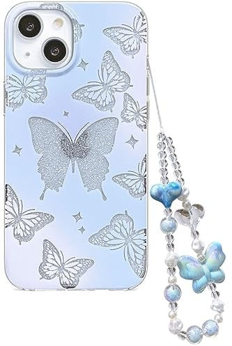 Efitoo Designed for iPhone 13/iPhone 14 6.1 Case Glitter Cute Clear with Design Butterfly with Strap Wrist Bling Sparkle Purple Blue Aesthetic Protective Glossy Phone Cover Case Women Girls