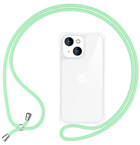 NALIA Handykette für iPhone 15 - Transparentes Hybrid-Case & Band - HANGIT PRO (Anti-Gelb Rückseite & Verstellbar) - Marke aus Berlin, Farbe:Mint Grün
