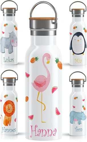 OWLBOOK® Edelstahl Trinkflasche Kinder personalisiert | Wasserflasche Flasche BPA-frei | 600 ml | Auslaufsicher Spülmaschinenfest | Schulanfang Geschenke zur Einschulung Mädchen Jungen | Flamingo