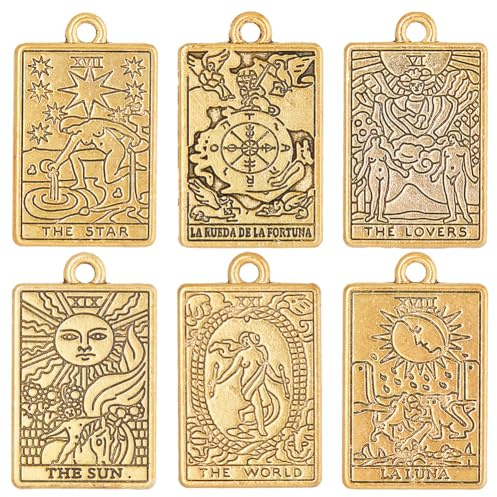 SUNNYCLUE 1 Box 36 Stück Tarotkarten Charms Tarot Charm Gold Tarot Charme Masse Mond Sonne Stern Charme Rechteck Glücksamulett Anhänger Für Die Schmuckherstellung Anhänger DIY Ohrringe Halskette Bas