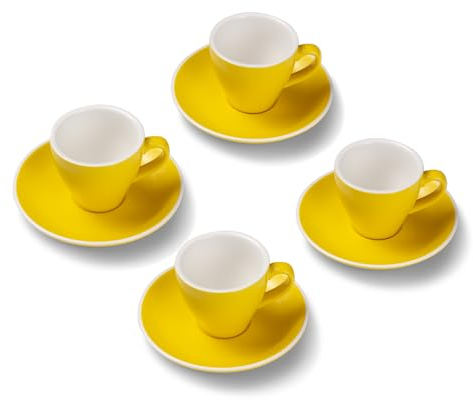 Terra Home 4er Espresso-Tassen Set - Gelb, 90 ml, Matt, Porzellan, Dickwandig, Spülmaschinenfest, italienisches Design - Kaffee-Tassen Set mit Untertassen