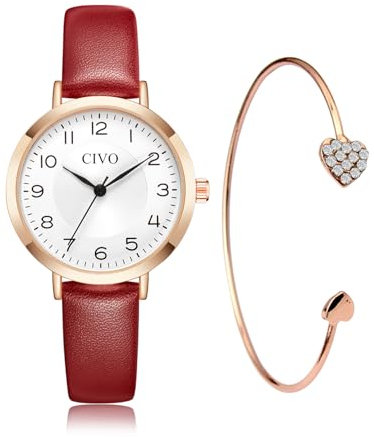 CIVO Damen Uhr Wasserdicht Klein Analog Quarz Lederarmband Armbanduhr Damen Set Minimalistisch Kreative Uhr für Frauen Rot