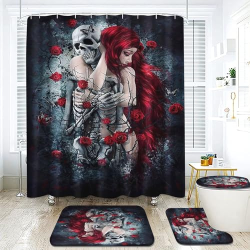 Fadaing Totenkopf Duschvorhang 180 x 200 180 x 180 Schädel Muster Gothic Duschvorhänge Wasserdichtes Polyeste Skull Duschvorhang Badezimmermatte 4-teiliges Set (200 x 240 cm,1)