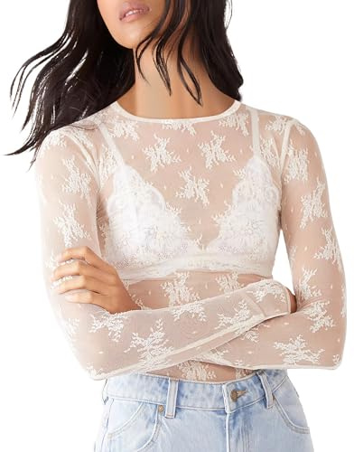 AKEWEI Womens Mesh Long Sleeve Tops Crew Neck Sexy See Through Tee Shirts Party Club Night Lace Blouse, White, M