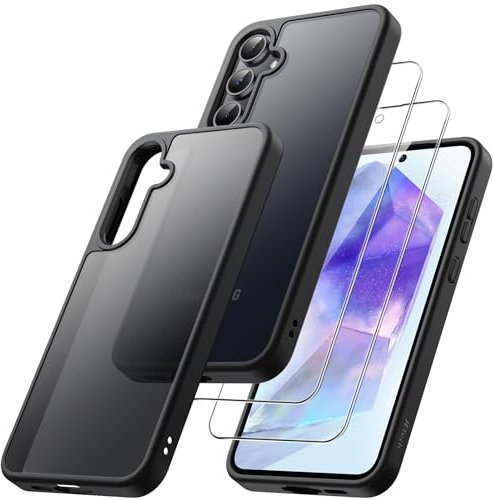 JETech 3 in 1 Cover Opaca per Samsung Galaxy A55 5G con 2 Pezzi Vetro Temperato Pellicola Protettiva, Traslucida Glassata Antiurto Cellulare Custodia con Protezione Fotocamera (Nero)