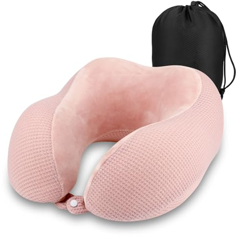 Kasanni Oreiller de Voyage, Coussin Voyage, Coussin de Voyage en Mousse à Mémoire Forme, Coussin Avion, Oreiller Cervical avec Sac de Rangement, pour Voyage, Rose