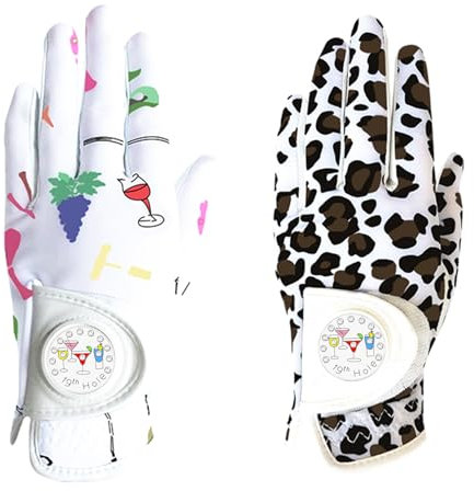 Generisch Golf Handschuhe Damen mit Ball Marker Regen Linke Hand Leder Gedruckt 2-Pack, Damen Golf Handschuhe Soft Bequem Allwetter Griff Atmungsaktive weiche Größe S M L (Weiß+Braun, L, Links)
