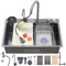 Ribanedy fregadero cascada multifuncional 68 x 45 cm,fregadero cocina 1 seno inoxidable con grifo de carga superior multifuncional, lavavasos y juego de accesorios para fregadero