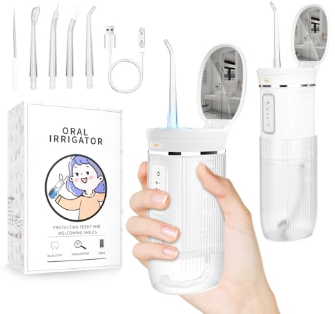 Mini Munddusche Tragbar Elektrische Zahnreinigung Kabellos Reise Munddusche mit Versenkbarer Wassertank, 3 Modi, 4 Ersatzdüsen, IPX7 Wasserdicht für Reinigung Reisen Familie
