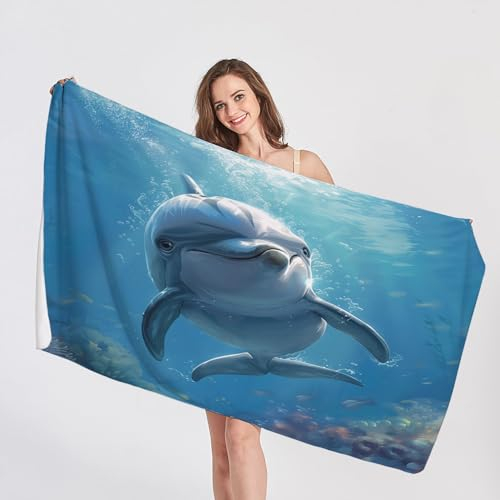 QEODAH Strandtuch Delphin - Badetuch Meerestiere - Schnelltrocknend & Ultraleicht & Sandfreie Strandhandtuch, Weich Mikrofaser Handtücher, badehandtuch groß 150x200, Pflegeleicht Handtuch
