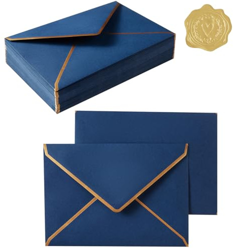 Topeen Briefumschläge im A7-Format mit goldenem Rand, 13 x 18 cm, Umschläge mit goldenen Aufklebern für Grußkarten und Einladungen, Marineblau, A7-5 x 7 cm, 50 Stück