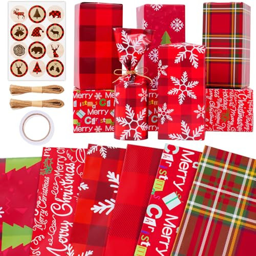 Zindoo Geschenkpapier Weihnachten, 6 Blatt Rotes 50x70cm Fröhlichen und Ansprechenden Designs Geschenkpapier mit Aufkleber, 20 m Strohseil,Geschenke zur Weihnachts und Adventszeit zu verpacken