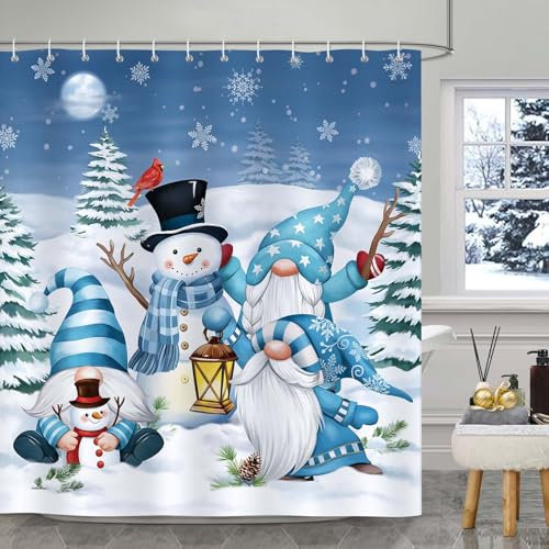 Bonhause Cortina de Ducha Navidad Gnomos Muñeco de Nieve Pino Nevado Invierno Azul Cortina de Baño de Poliéster Impermeable Antimoho Lavable Cortina Ducha 180 x 180 cm con 12 Ganchos