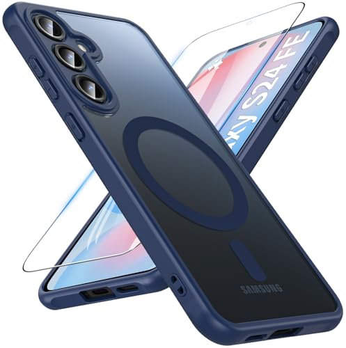 Magnetisch Für Samsung Galaxy S24 FE Hülle mit Panzerglas Glas,Militärschutz für Handyhülle für S24 FE Matt Transluzente Robust Schutzfolie Schutzhülle Case Cover für Samsung S24 FE(Blau)
