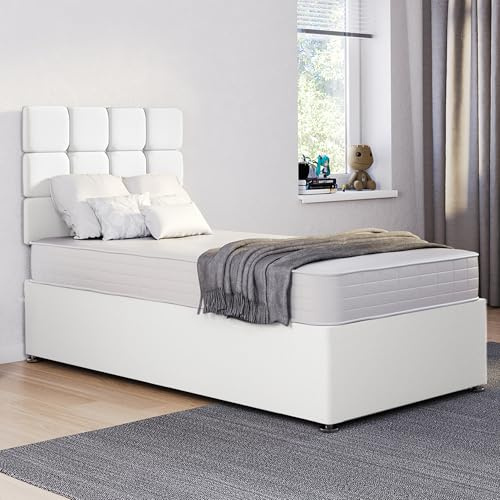 ComfoRest - Modern 3FT Single Divan Bed with Cube Headboard and Mattress | Practical Base for Guest or Everyday Use | Full Sleeping Setup Included – No Drawers (White Plush)