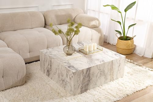 Hanah Home Elegant Freesia Marble Coffee Table, 90 x 90 x 35 cm | 100% MDF, 18 mm Thickness | Stylish Addition for Modern Living Rooms & Spaces