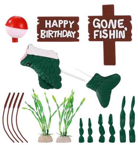 Tinoaly Fishing Cake Topper, Gone Fishing Cake Decorations with Reed Happy Birthday Sign Fish Float for Fisherman Themed Party Birthday Party Supplies