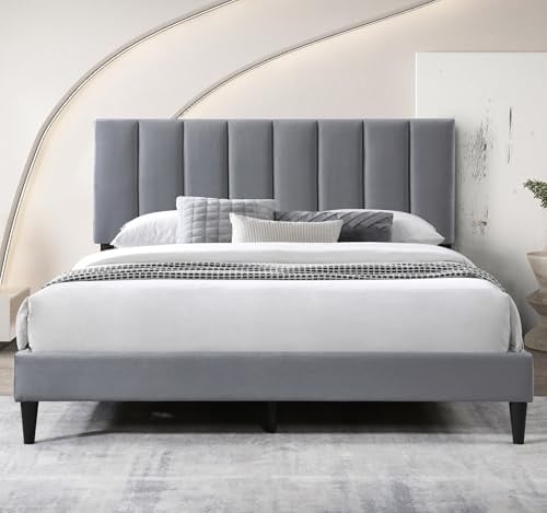 Bett 160x200 cm, Polsterbett mit Lattenrost, Bettgestell, Doppelbett mit weichem Bezug und gepolstertem Kopfteil mit vertikaler Steppung, robustes Gestell, hoher Liegekomfort | Grau | 160x200 cm