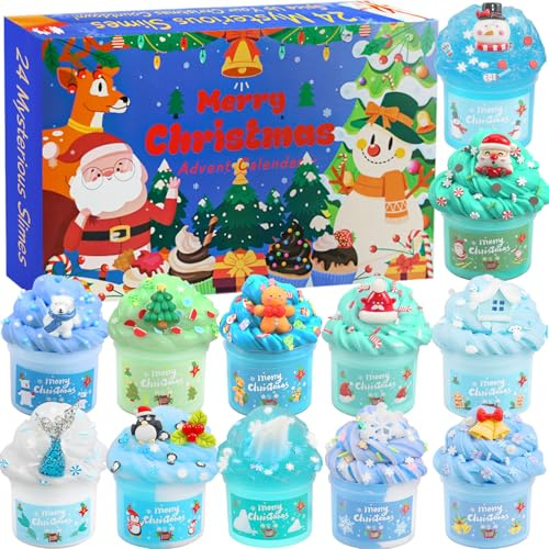 Squishy Advent Calendar 2026, Slime Advent Calendar 24-Day Christmas Countdown, Textured & Fluffy Slime Kit, Sensory Christmas Toys, Party Gifts for Boys & Girls Ages 3-12 （blue）