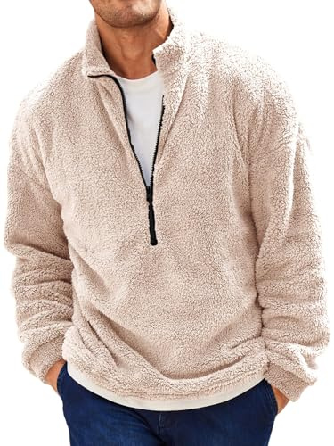 Runcati Felpa da uomo in peluche a 1/4 zip, in pile di peluche Fuzzy Sherpa, leggera, casual, basic, per autunno e inverno