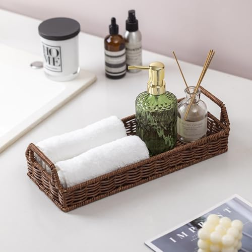 Toilet Tank Tray with Handles Imitated Rattan Tray, Bathroom Sink Vanity Tray Long Narrow, Guest Towel Napkin Holder, Storage Basket for Bathroom, Guest Room