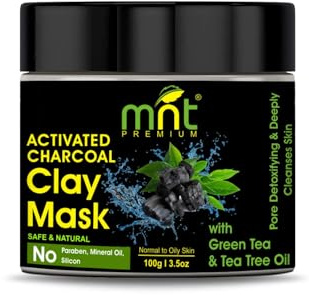 Activated Charcoal Clay Mask with Green Tea & Tea Tree Oil for All Skin Types |Pore Detoxifying & Deeply Cleanses Skin, (100g/3.5 oz)