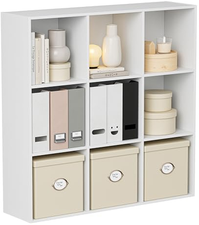 VDNEND Bücherregal Würfelregal Holz Weiß 9 Fächer, Offenes Regal Standregal mit Rückwand, Raumteiler Regal für Wohnzimmer, Büro, Aufbewahrungsregal, Aktenschrank, Kinderzimmer, 24 x 91,4 x 91,2 cm