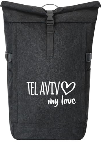 Huuraa Kurierrucksack Tel Aviv my love Geschenk | 30-44 Liter Backpack Black Melange Fairtrade Rolltop Rucksack Geschenkidee Schwarzer Laptop-Rucksack passend für 17-Zoll