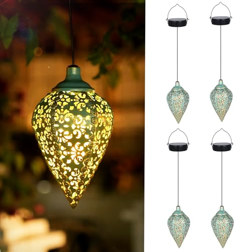 Görvitor 4 Stück Solarlampen für Außen Hängend, Solarlaterne für Außen IP65 Wetterfest, Metall LED Solar Laterne Outdoor für Draußen Balkon Hof Veranda Garten Weihnachtsgeschenke (Olivenförmig)