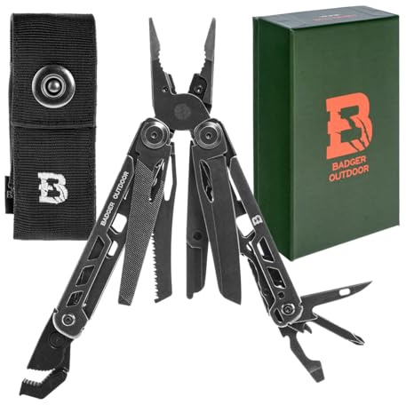 Badger Outdoor Boa Blackwash Multitool 14 in 1, Edelstahl, Messer und Säge | Kombizange, Federschere, Feile, Schraubendreher, verstellbarer Schlüssel, Maßband, Holster, EDC für Camping und Survival