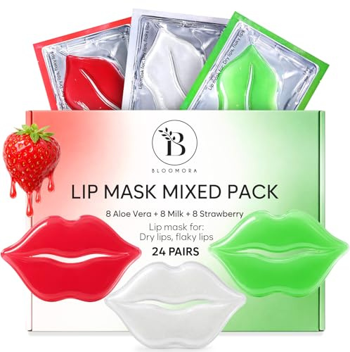 Mascarillas para Labios con Aloe Vera, Leche y Fresa, 24 Uds | Hidratación Profunda que Repara y Suaviza los Labios, Envueltas Individualmente por Higiene, Aptas para Todo Tipo de Piel