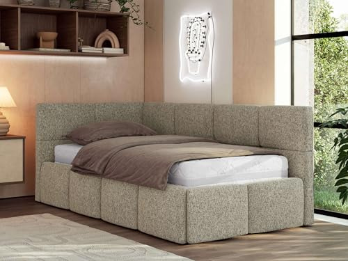 Jugendbett ARVO 90x200 cm mit Lattenrost und Bettkasten, Polsterbett mit gepolstertem Kopfteil und Gasdruckfedern, Eckbett mit Stauraum - mit Schaumstoffmatratze - Dunkelbeige Strukture - Linke Seite