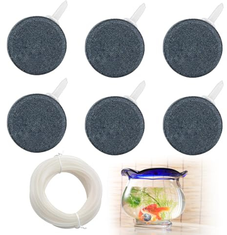 LEIMEND 6 Stücke Luftstein Aquarium Sprudelstein für Aquarium mit 2m Rohr | Ausströmer Sauerstoff Stein Luftsteinscheibe Sprudler für Teiche Aquarien Fisch Tank Luftpumpen (Grau)