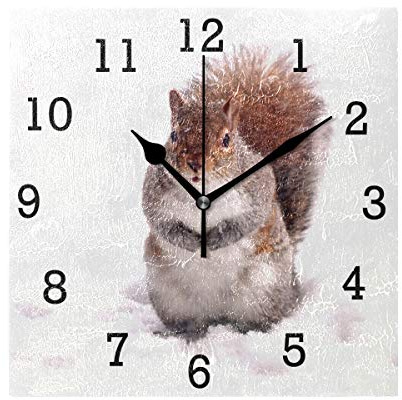 EZIOLY Quadratische Wanduhr mit Eichhörnchen im Schnee, kein Ticken, digital, leiser Sweep, dekorative Uhren für Küche, Schlafzimmer, Wohnzimmer