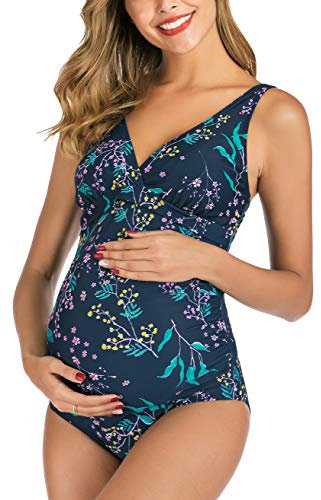 EastElegant Traje de baño de Maternidad de una Pieza para Embarazo, Bikini con Lunares - Azul - Medium