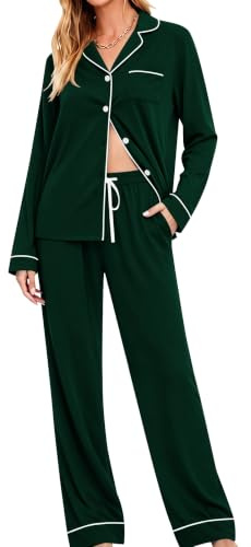 SWOMOG Women Pyjamas Sets Soft Long Sleeve Button Down Sleepwear Soft Pjs Set Loungewear Green M