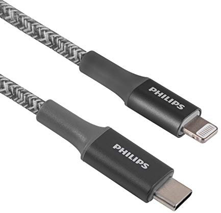 Philips USB-C to Lightning Cable, 6in, Braided Cord, Short, Fast Charge, Compatible with iPhone 12/11 Pro/X/8/8 Plus, iPad, Airpods, Gray, 2 Pack, DLC5221GL/37