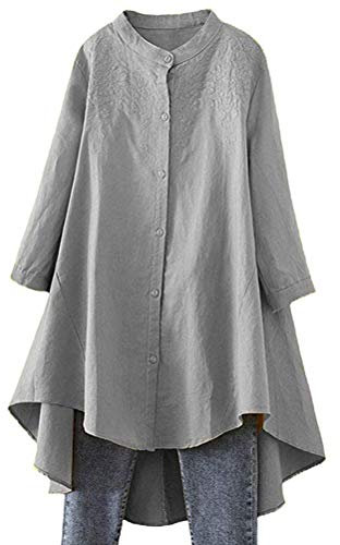 FTCayanz Femme Chemisier Manches Longues Lin Coton Tunique Lâche Casual Blouse Longue Broderie Chic Tops Gris L