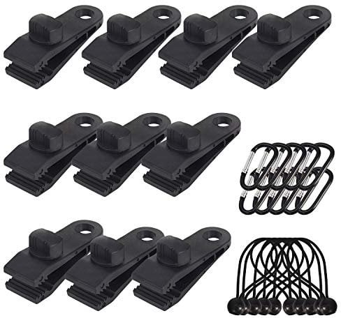 Langaelex Lot de 10 Clips de bâche Support de bâche pour extérieur avec Attache en Toile et Cordon élastique + Mousqueton en Forme de D pour bâches, auvents, Camping, Caravane, couvertures de Voiture