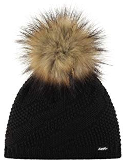 Eisbär Damen Mütze Yva Lux schwarz – Elegante Strickmütze mit Kunstfellbommel – Wärmender Merino-Mix (mulesingfrei) – Nachhaltig & Feminin für Winter & Alltag