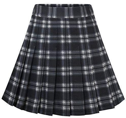 Dressystar Jupe Basique Femme Extensible Patineur Patineuse Pom-Pom Girl Mini Jupe Plissée Noir Gris à Carreau L