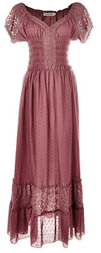 Anna-Kaci Renaissance Peasant Maiden Boho Inspired Cap Sleeve Lace Trim Dress, Pink, Large