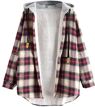 HAHAEMMA Veste à capuche pour femme - Chemise à carreaux doublée - Plaid polaire flanelle - Manches longues - Cordon de serrage - Sweatshirt Fuzzy Shirt Manteau Blouse d'hiver, rouge, XXXL